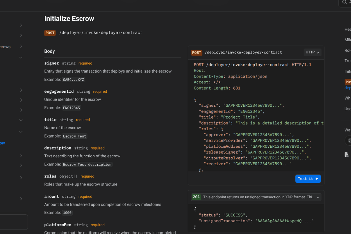 Escrow API screenshot